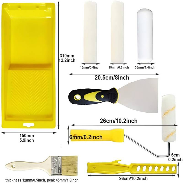 Paint Roller Kit 9PCS Paint Roller Cover Set-Brush, Tray, Stir Bar