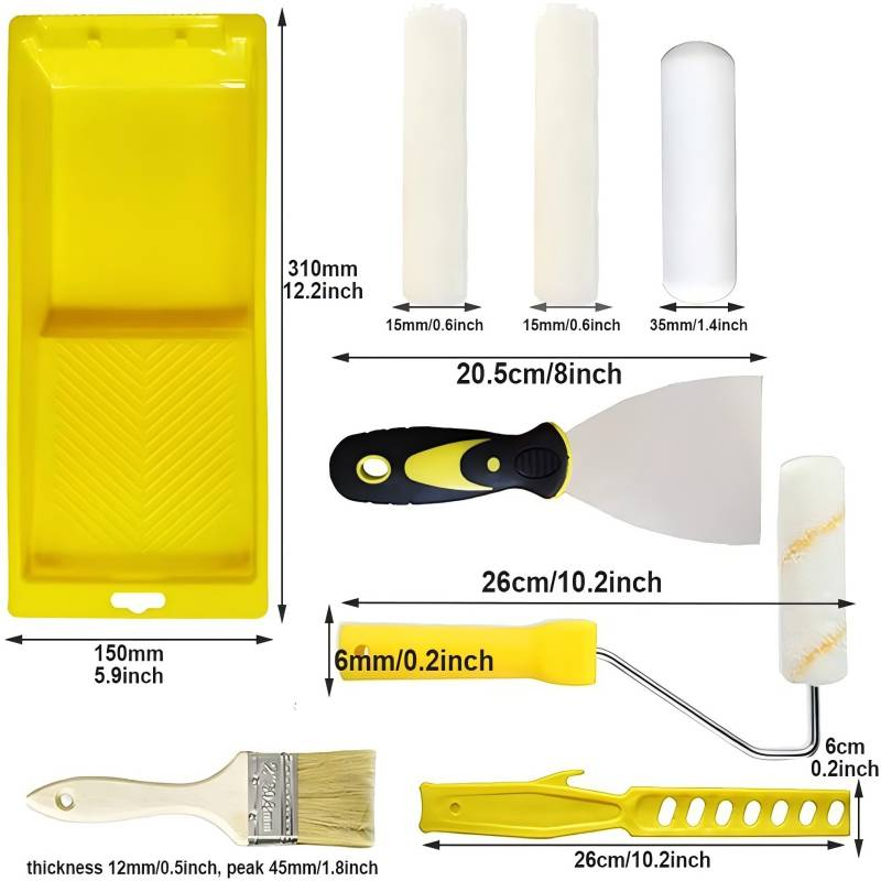 Paint Roller Kit 9PCS Paint Roller Cover Set-Brush, Tray, Stir Bar