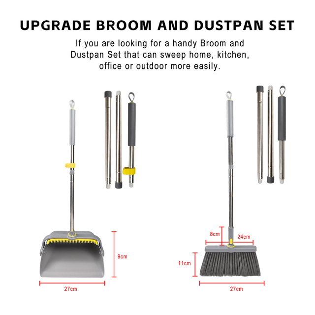 Adjustable Long Handle Broom and Dustpan Set – with Dust Pan Teeth for Easy Debris Cleaning
