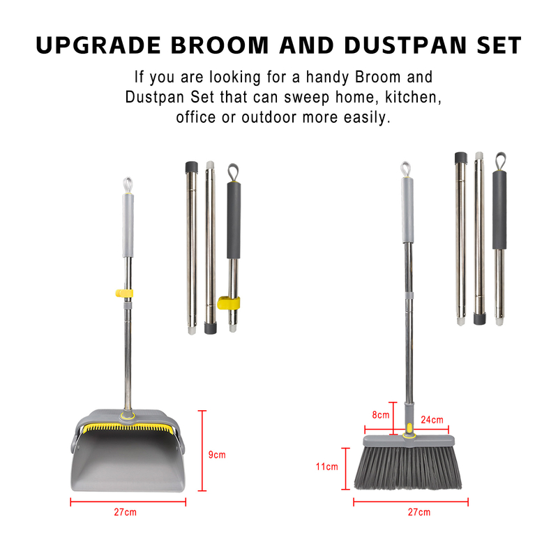 Adjustable Long Handle Broom and Dustpan Set – with Dust Pan Teeth for Easy Debris Cleaning