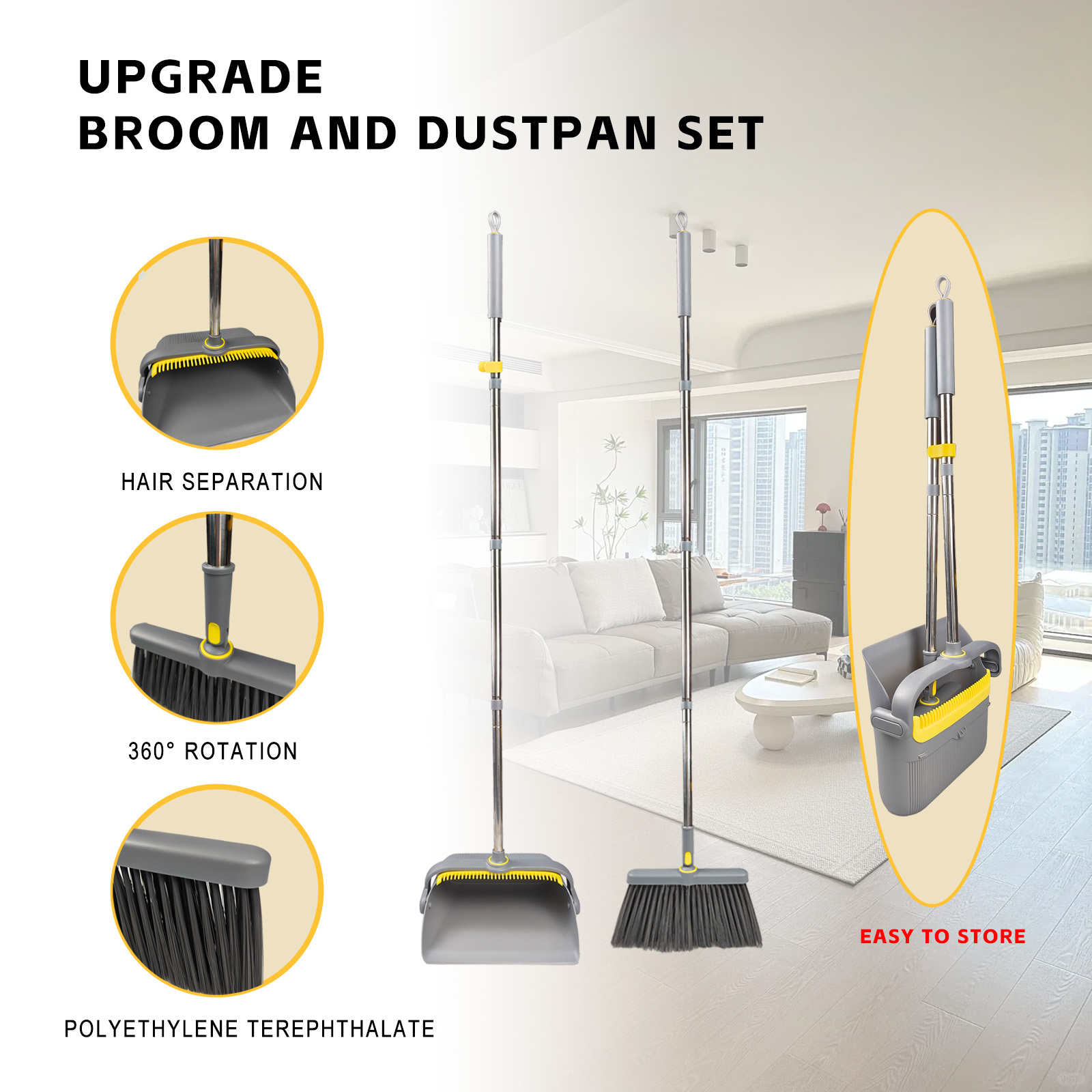 Adjustable Long Handle Broom and Dustpan Set – with Dust Pan Teeth for Easy Debris Cleaning