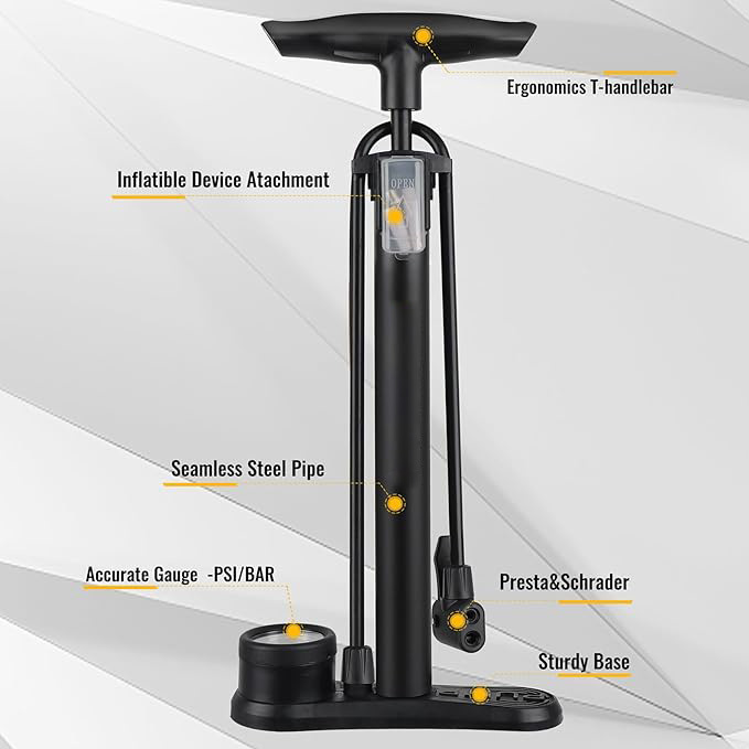 Bike Floor Pump with Gauge, Air Bicycle Pump Inflator with High Pressure 160 Psi