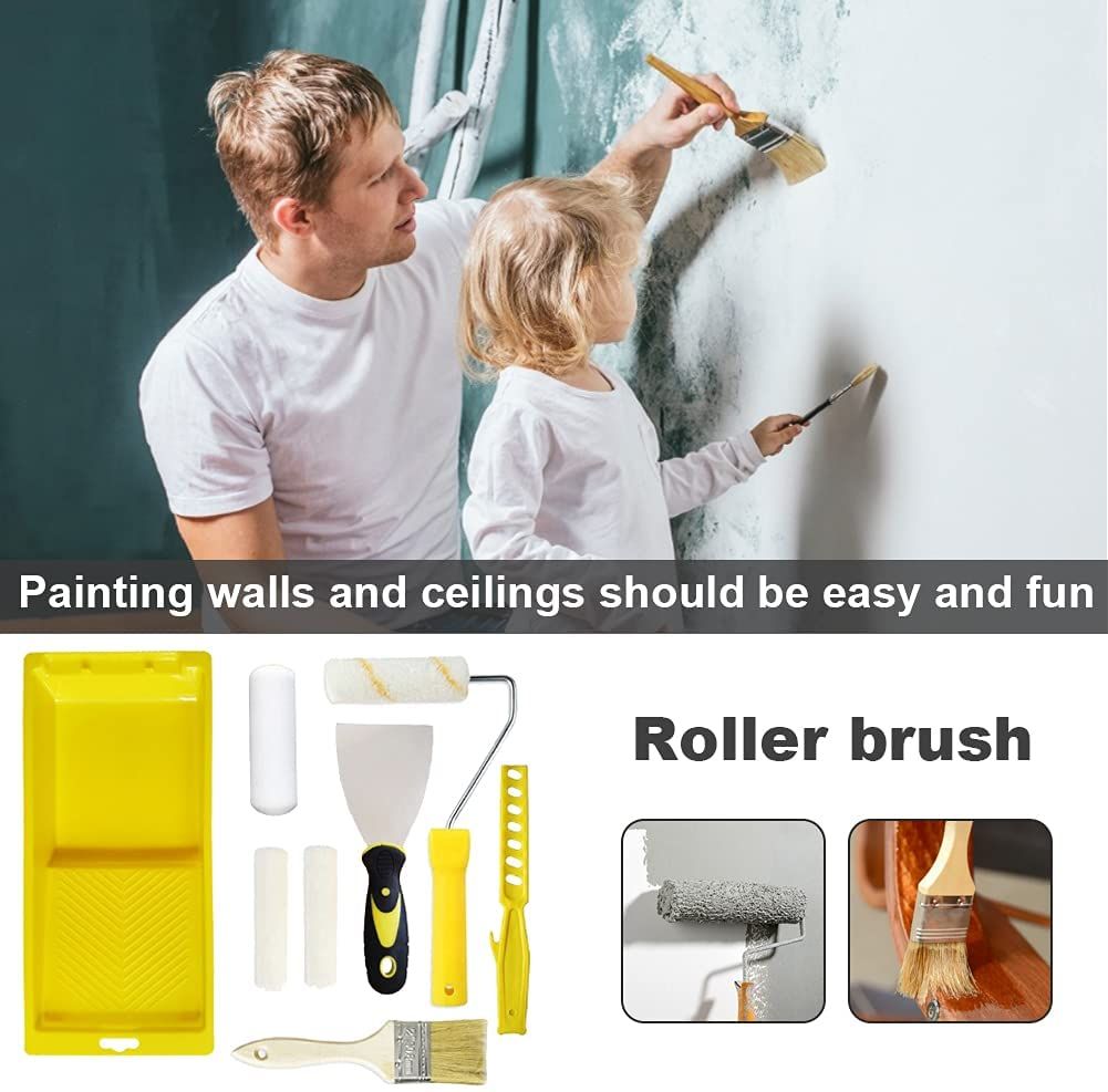 Paint Roller Kit 9PCS Paint Roller Cover Set-Brush, Tray, Stir Bar