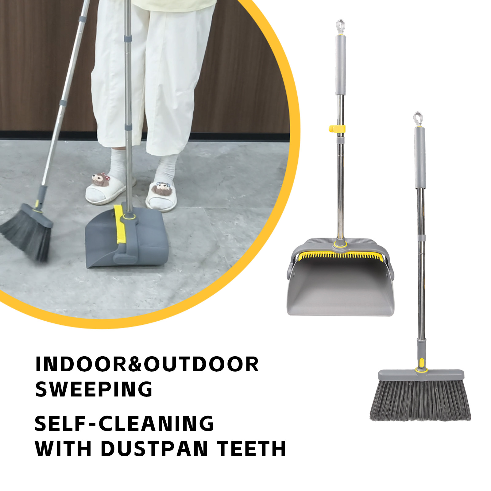 Adjustable Long Handle Broom and Dustpan Set – with Dust Pan Teeth for Easy Debris Cleaning