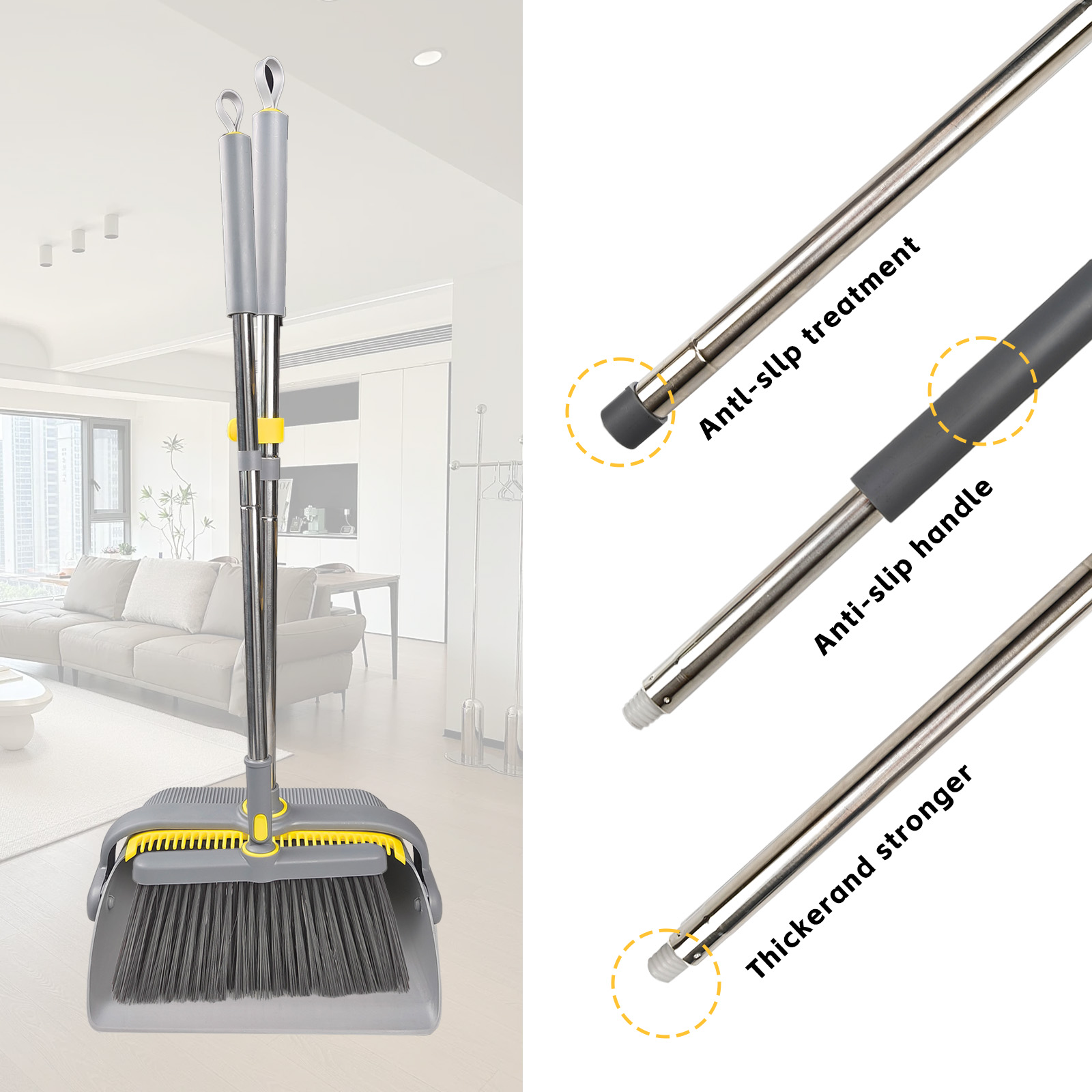Adjustable Long Handle Broom and Dustpan Set – with Dust Pan Teeth for Easy Debris Cleaning