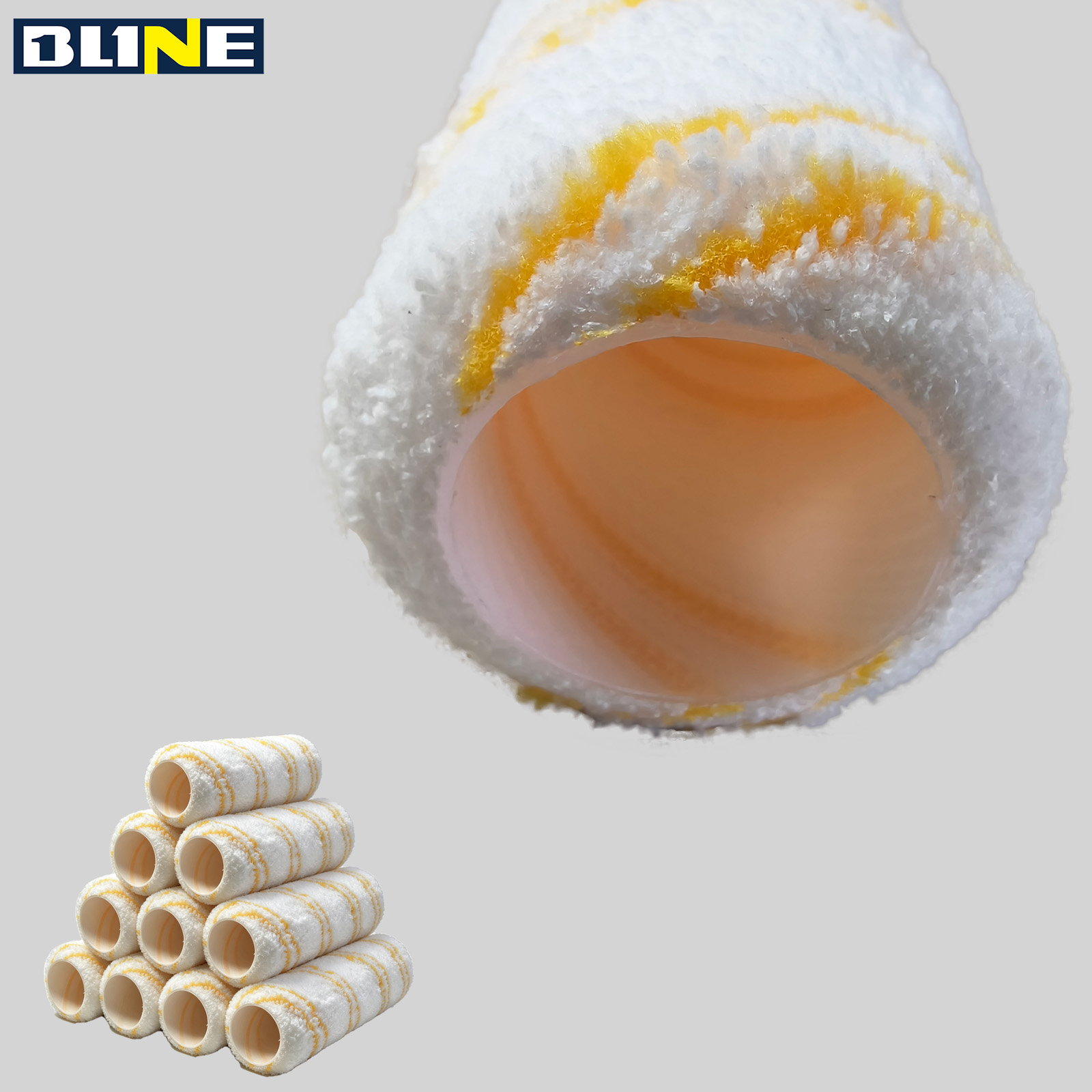 Paint roller with white base and yellow stripes