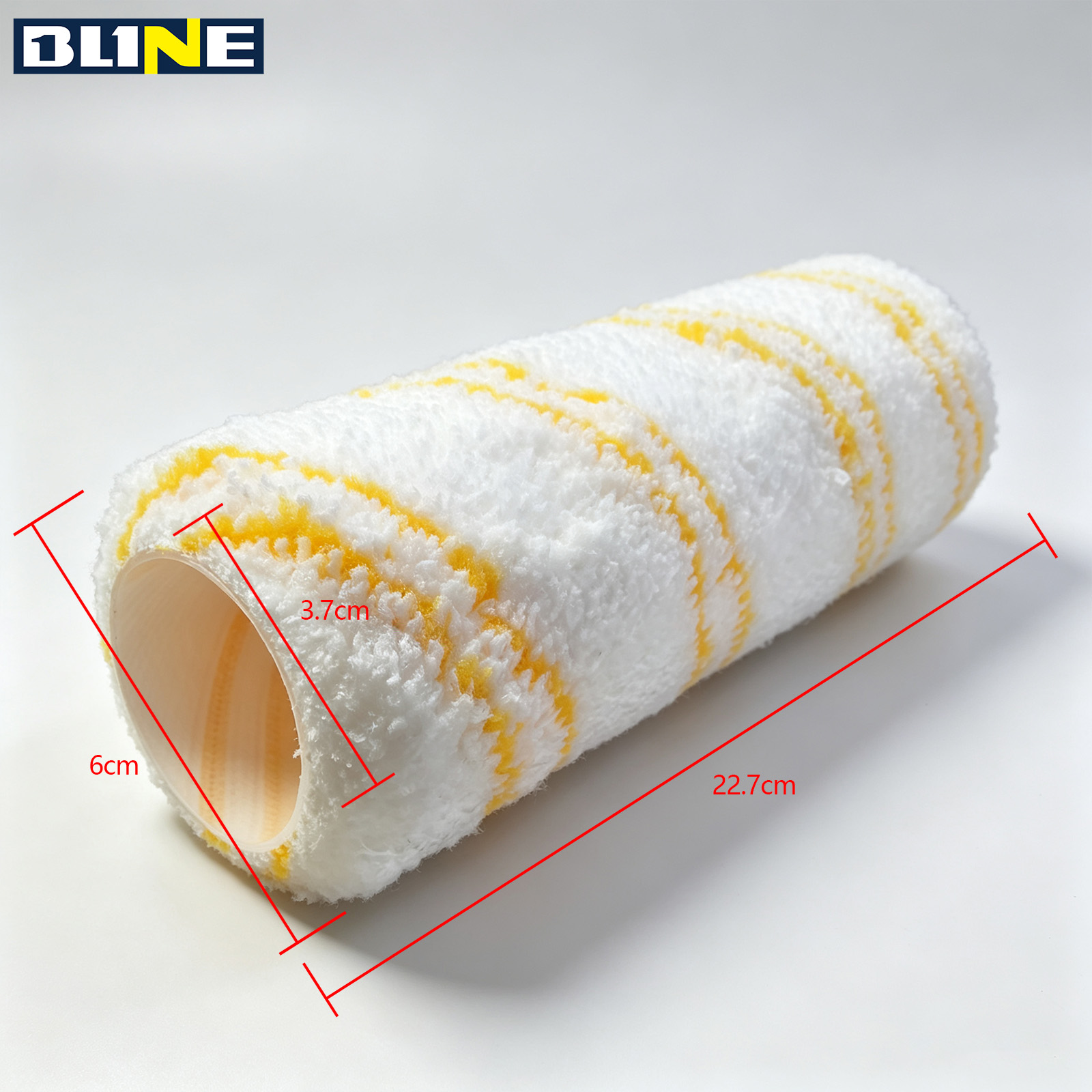 Paint roller with white base and yellow stripes