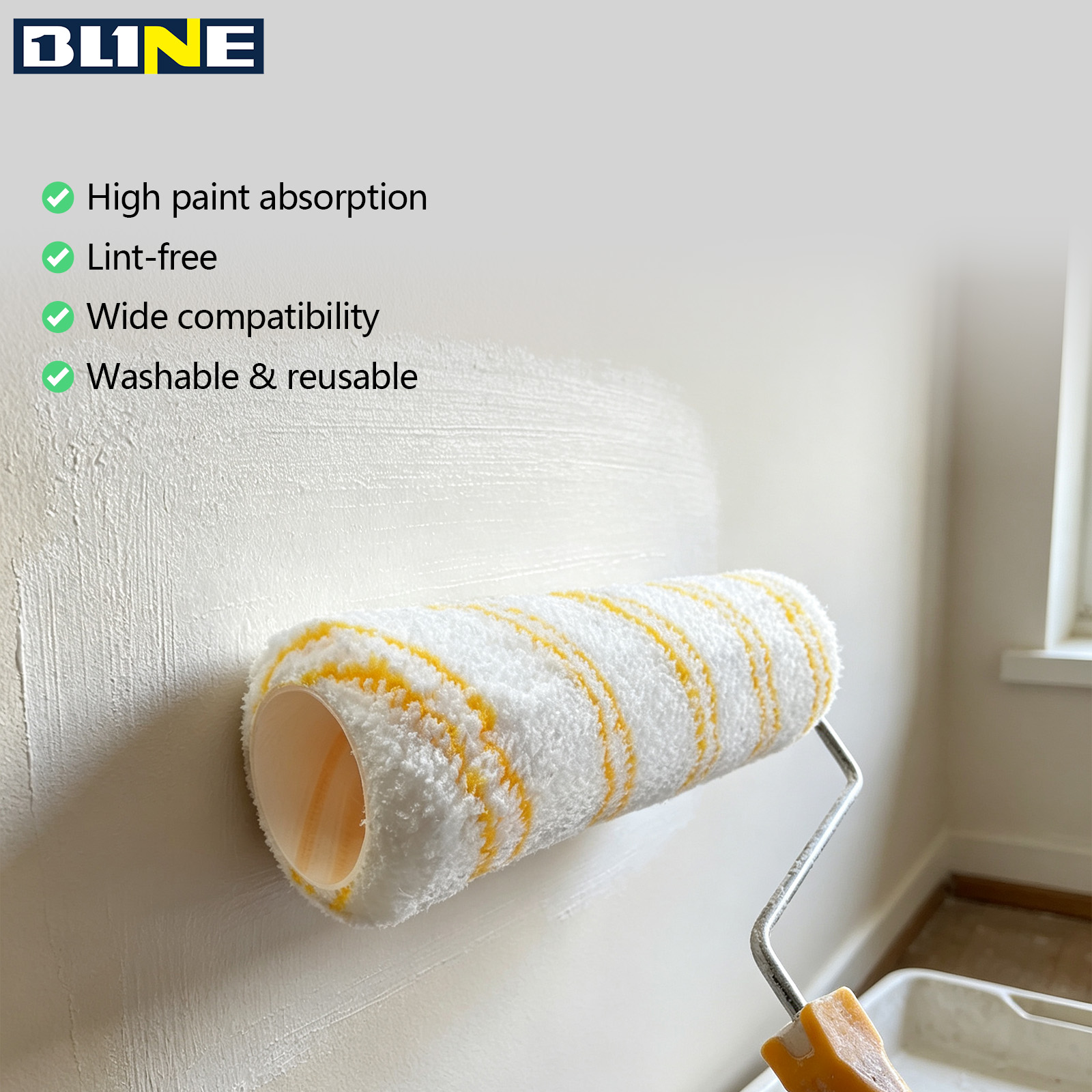 Paint roller with white base and yellow stripes